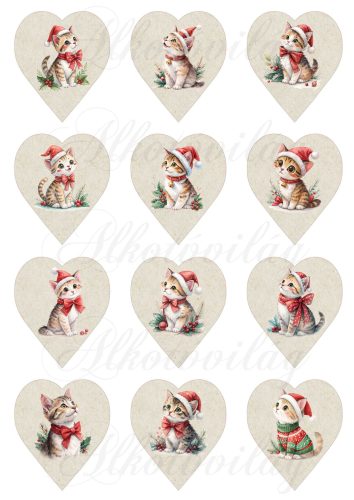Cuki cicák akvarell stílusban festve, mikulássapkában, 6,5 cm magas szíveken