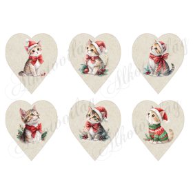   Cuki cicák akvarell stílusban festve, mikulássapkában, 9 cm magas szíveken 2