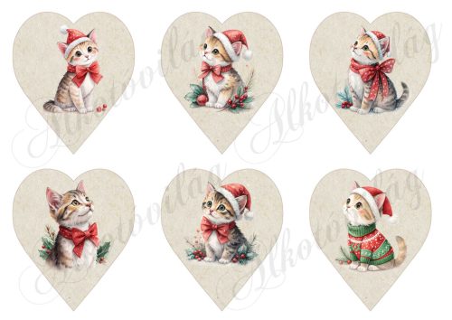 Cuki cicák akvarell stílusban festve, mikulássapkában, 9 cm magas szíveken 2