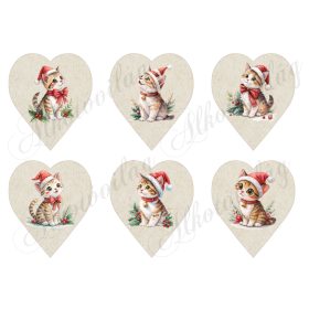   Cuki cicák akvarell stílusban festve, mikulássapkában, 9 cm magas szíveken