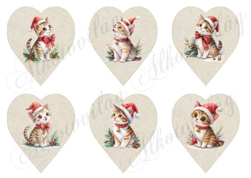 Cuki cicák akvarell stílusban festve, mikulássapkában, 9 cm magas szíveken