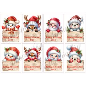   Hóemberke, szarvas, mikulás, mackó táblákkal - 10 x 7 cm-es téglalapokon - BOLDOG MIKULÁST 2025 felirattal