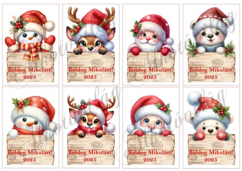 Hóemberke, szarvas, mikulás, mackó táblákkal - 10 x 7 cm-es téglalapokon - BOLDOG MIKULÁST 2025 felirattal