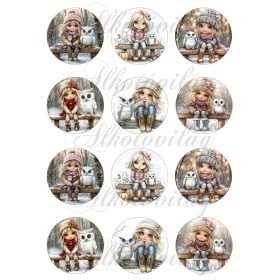   Tüneményes kislányok cuki baglyokkal - 6 cm átmérőjű körökön