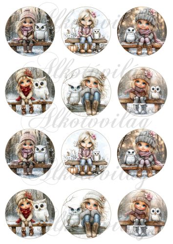 Tüneményes kislányok cuki baglyokkal - 6 cm átmérőjű körökön