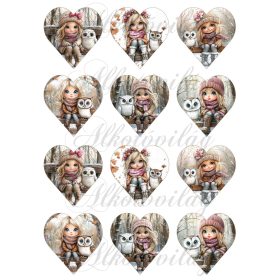   Tüneményes kislányok cuki baglyokkal - 6,5 cm magas szíveken