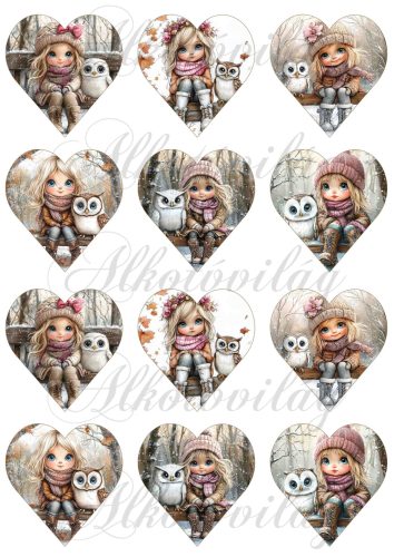 Tüneményes kislányok cuki baglyokkal - 6,5 cm magas szíveken