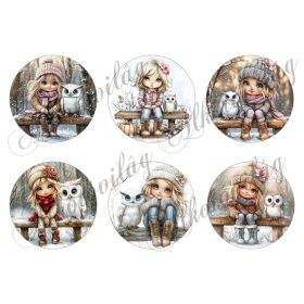   Tüneményes kislányok cuki baglyokkal - 8,5 cm átmérőjű körökön