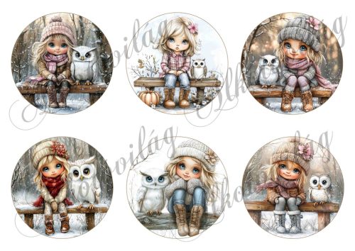 Tüneményes kislányok cuki baglyokkal - 8,5 cm átmérőjű körökön