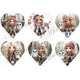   Tüneményes kislányok cuki baglyokkal - 9 cm magas szíveken