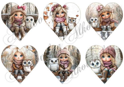 Tüneményes kislányok cuki baglyokkal - 9 cm magas szíveken