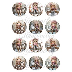   Tüneményes kislányok cuki baglyokkal 2. változat - 6 cm átmérőjű körökön