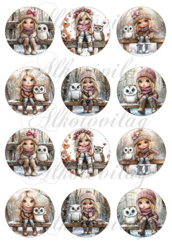 Tüneményes kislányok cuki baglyokkal 2. változat - 6 cm átmérőjű körökön