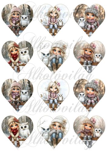 Tüneményes kislányok cuki baglyokkal 2. változat - 6,5 cm magas szíveken