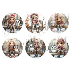   Tüneményes kislányok cuki baglyokkal 2. változat - 8,5 cm átmérőjű körökön