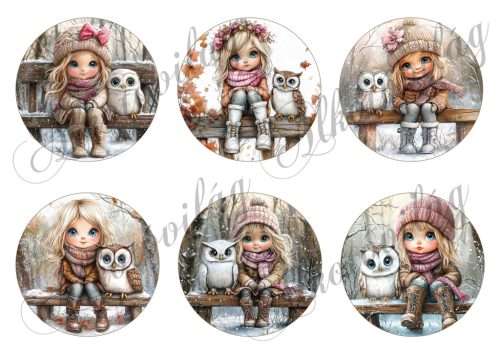 Tüneményes kislányok cuki baglyokkal 2. változat - 8,5 cm átmérőjű körökön