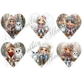   Tüneményes kislányok cuki baglyokkal 2. változat - 9 cm magas szíveken