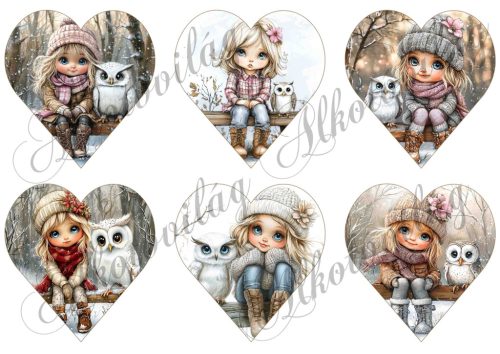 Tüneményes kislányok cuki baglyokkal 2. változat - 9 cm magas szíveken