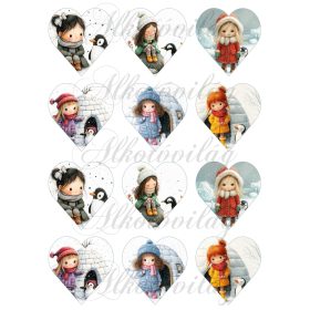   Tüneményes kislányok cuki pingvinekkel - 6,5 cm magas szíveken