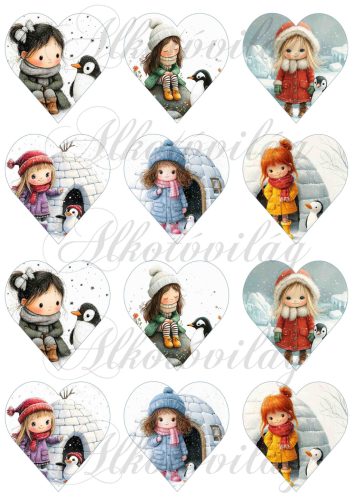 Tüneményes kislányok cuki pingvinekkel - 6,5 cm magas szíveken