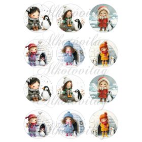   Tüneményes kislányok cuki pingvinekkel - 6,5 cm átmérőjű körökön