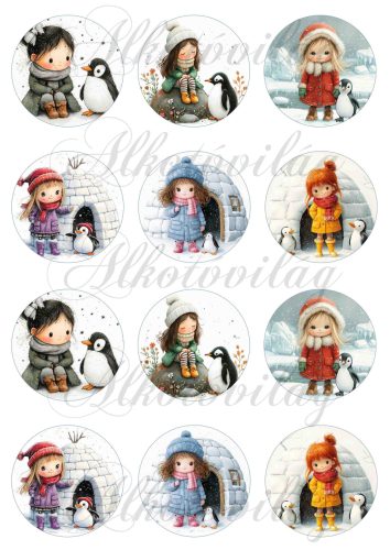 Tüneményes kislányok cuki pingvinekkel - 6,5 cm átmérőjű körökön