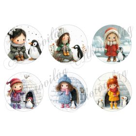   Tüneményes kislányok cuki pingvinekkel - 8,5 cm átmérőjű körökön