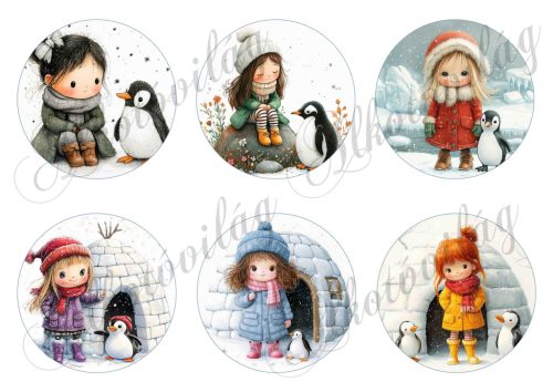 Tüneményes kislányok cuki pingvinekkel - 8,5 cm átmérőjű körökön