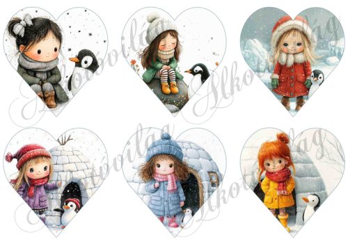 Tüneményes kislányok cuki pingvinekkel - 9 cm magas szíveken