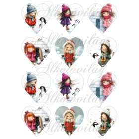   Tüneményes kislányok cuki pingvinekkel 2. változat - 6,5 cm magas szíveken