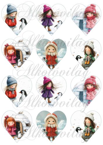 Tüneményes kislányok cuki pingvinekkel 2. változat - 6,5 cm magas szíveken