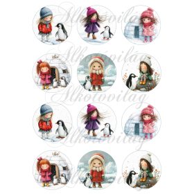   Tüneményes kislányok cuki pingvinekkel 2. változat - 6,5 cm átmérőjű körökön