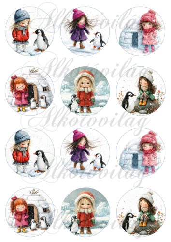 Tüneményes kislányok cuki pingvinekkel 2. változat - 6,5 cm átmérőjű körökön