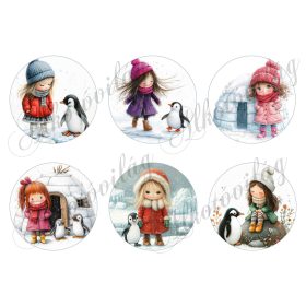   Tüneményes kislányok cuki pingvinekkel 2. változat - 8,5 cm átmérőjű körökön