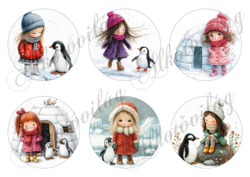 Tüneményes kislányok cuki pingvinekkel 2. változat - 8,5 cm átmérőjű körökön