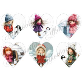   Tüneményes kislányok cuki pingvinekkel 2. változat - 9 cm magas szíveken