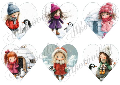 Tüneményes kislányok cuki pingvinekkel 2. változat - 9 cm magas szíveken