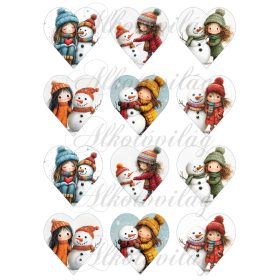  Tüneményes kislányok kedves hóemberekkel - 6,5 cm magas szíveken