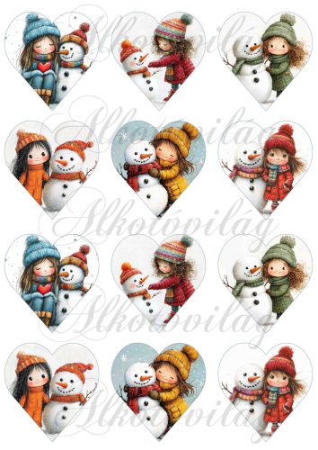 Tüneményes kislányok kedves hóemberekkel - 6,5 cm magas szíveken
