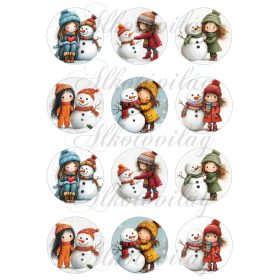  Tüneményes kislányok kedves hóemberekkel - 6,5 cm átmérőjű körökön