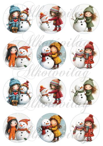 Tüneményes kislányok kedves hóemberekkel - 6,5 cm átmérőjű körökön