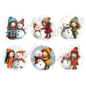   Tüneményes kislányok kedves hóemberekkel - 8,5 cm átmérőjű körökön
