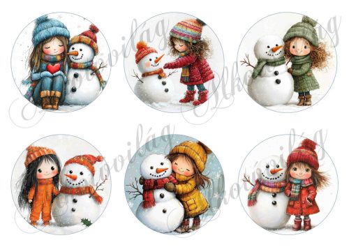 Tüneményes kislányok kedves hóemberekkel - 8,5 cm átmérőjű körökön