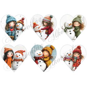   Tüneményes kislányok kedves hóemberekkel - 9 cm magas szíveken