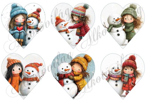 Tüneményes kislányok kedves hóemberekkel - 9 cm magas szíveken