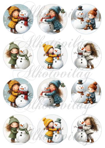 Tüneményes kislányok kedves hóemberekkel 2. változat - 6 cm átmérőjű körökön