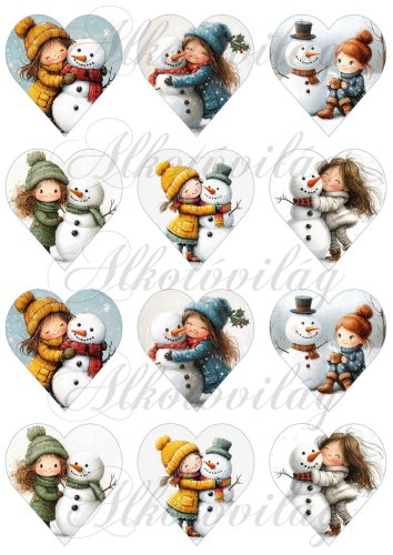 Tüneményes kislányok kedves hóemberekkel 2. változat - 6,5 cm magas szíveken