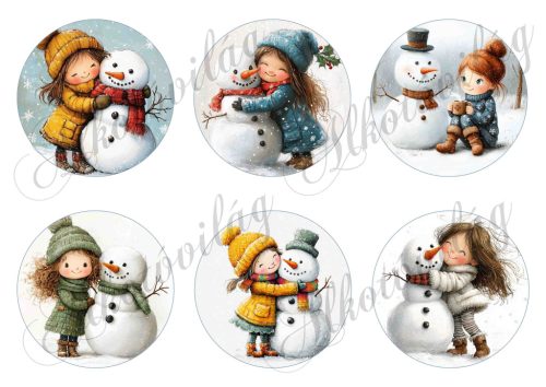 Tüneményes kislányok kedves hóemberekkel 2. változat - 8,5 cm átmérőjű körökön