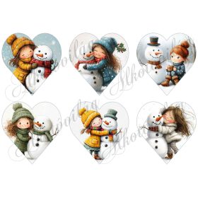   Tüneményes kislányok kedves hóemberekkel 2. változat - 9 cm magas szíveken
