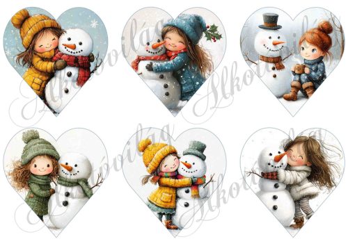 Tüneményes kislányok kedves hóemberekkel 2. változat - 9 cm magas szíveken